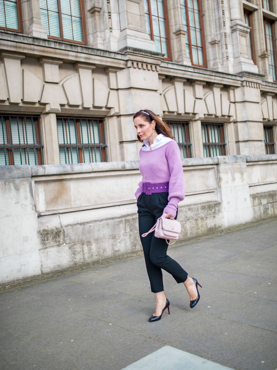 How to style off the shoulder lilac sweater to the office