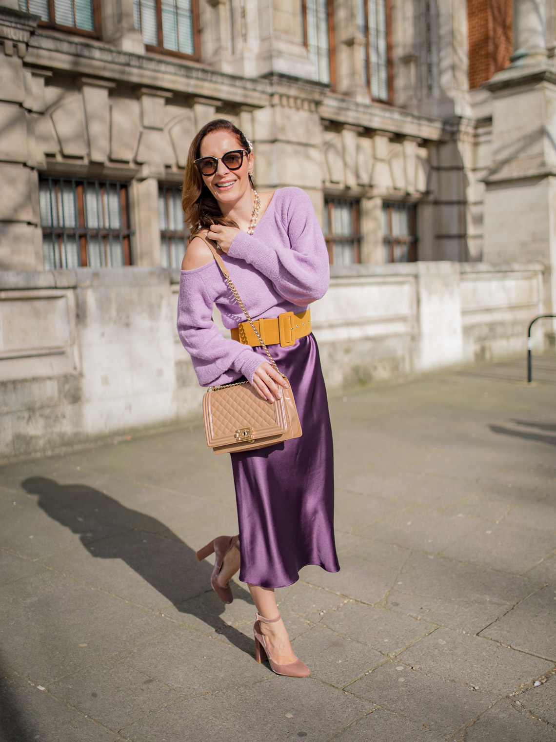 Off the shoulder purple sweater styling