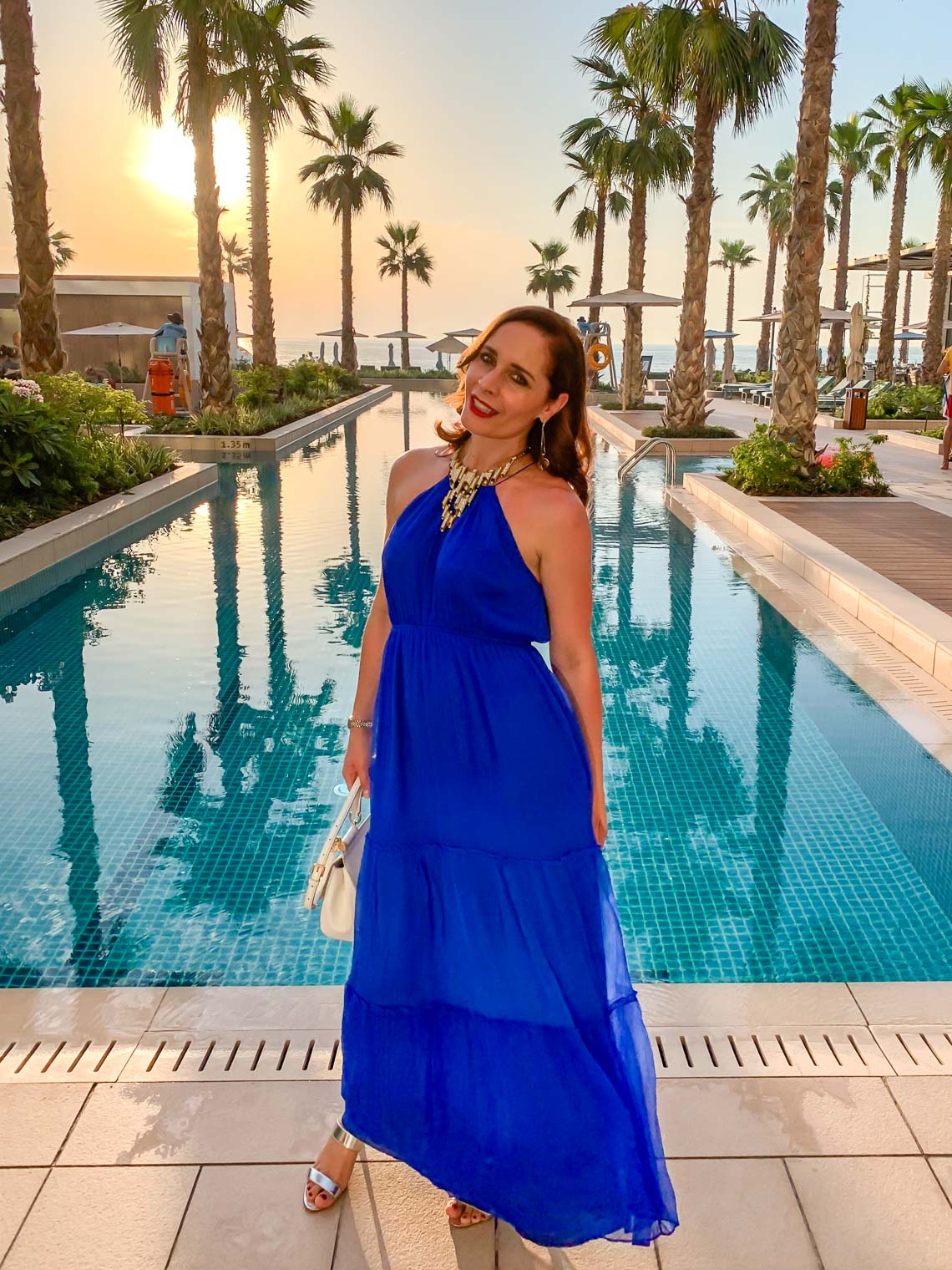 BB Dakota royal blue maxi dress, Mandarin Oriental Jumeira Dubai in sunset