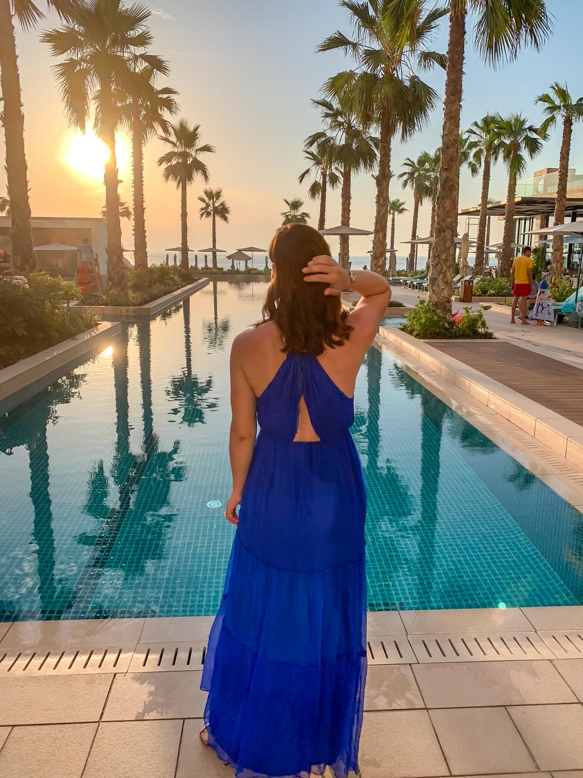 Petra Brisby in BB Dakota blue halter neck maxi dress at Mandarin Oriental Jumeira Dubai