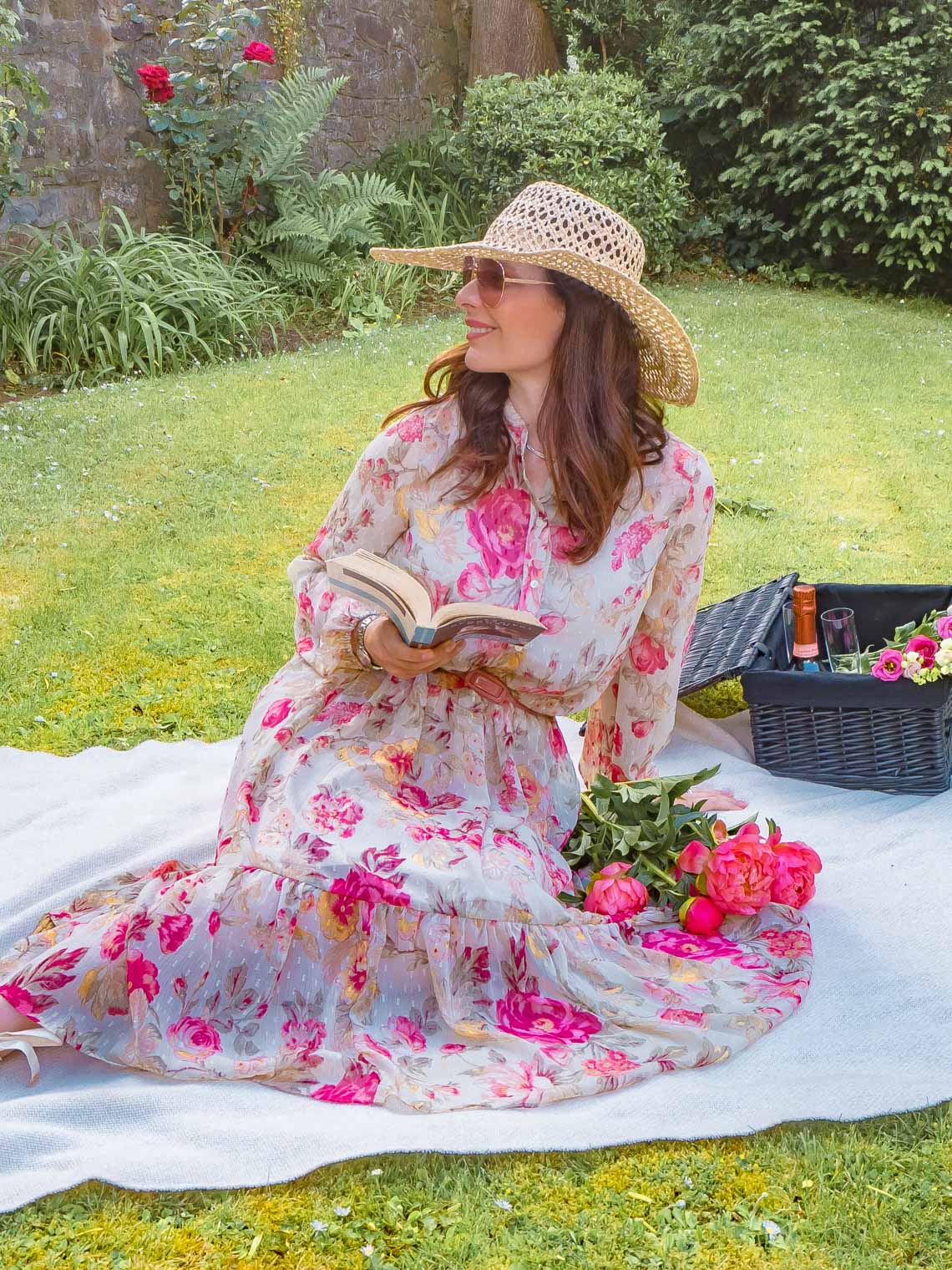 H&M floral dress, picnic in the garden