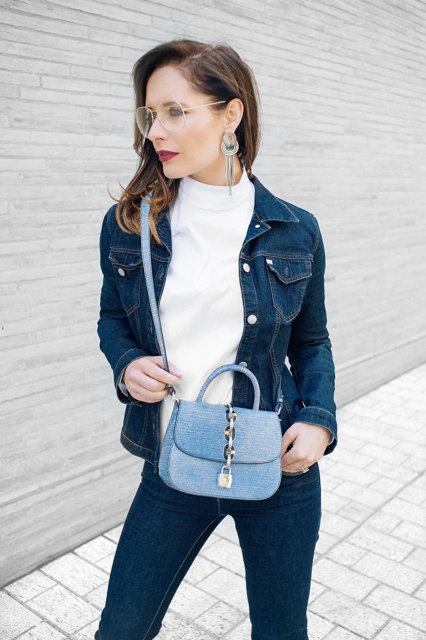 Chic Journal blogger wears double denim, Lara Bohinc earrings and LV bag