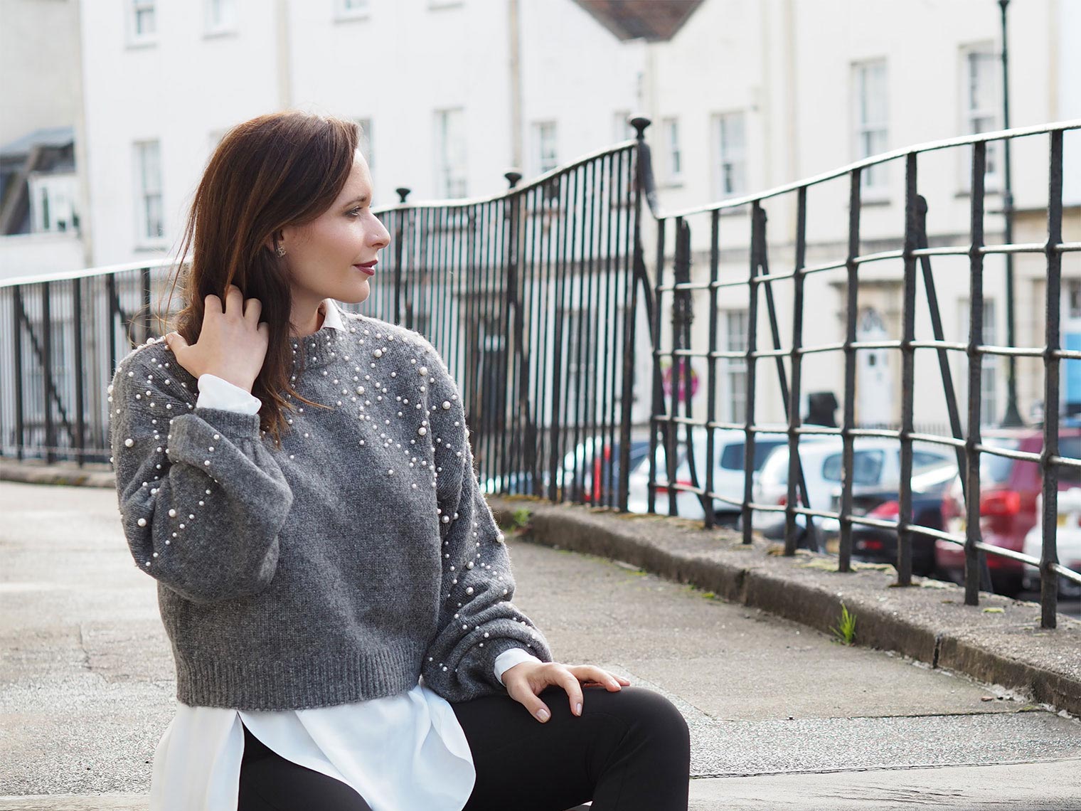 Chic Journal Petra wears pearls embellished grey sweater 