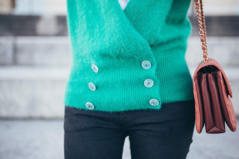 Green cardigan with embellished buttons by Pinko