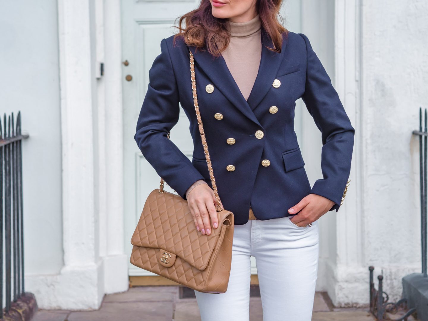 Perfect Holland Cooper jacket blue blazer white jeans Chanel bag