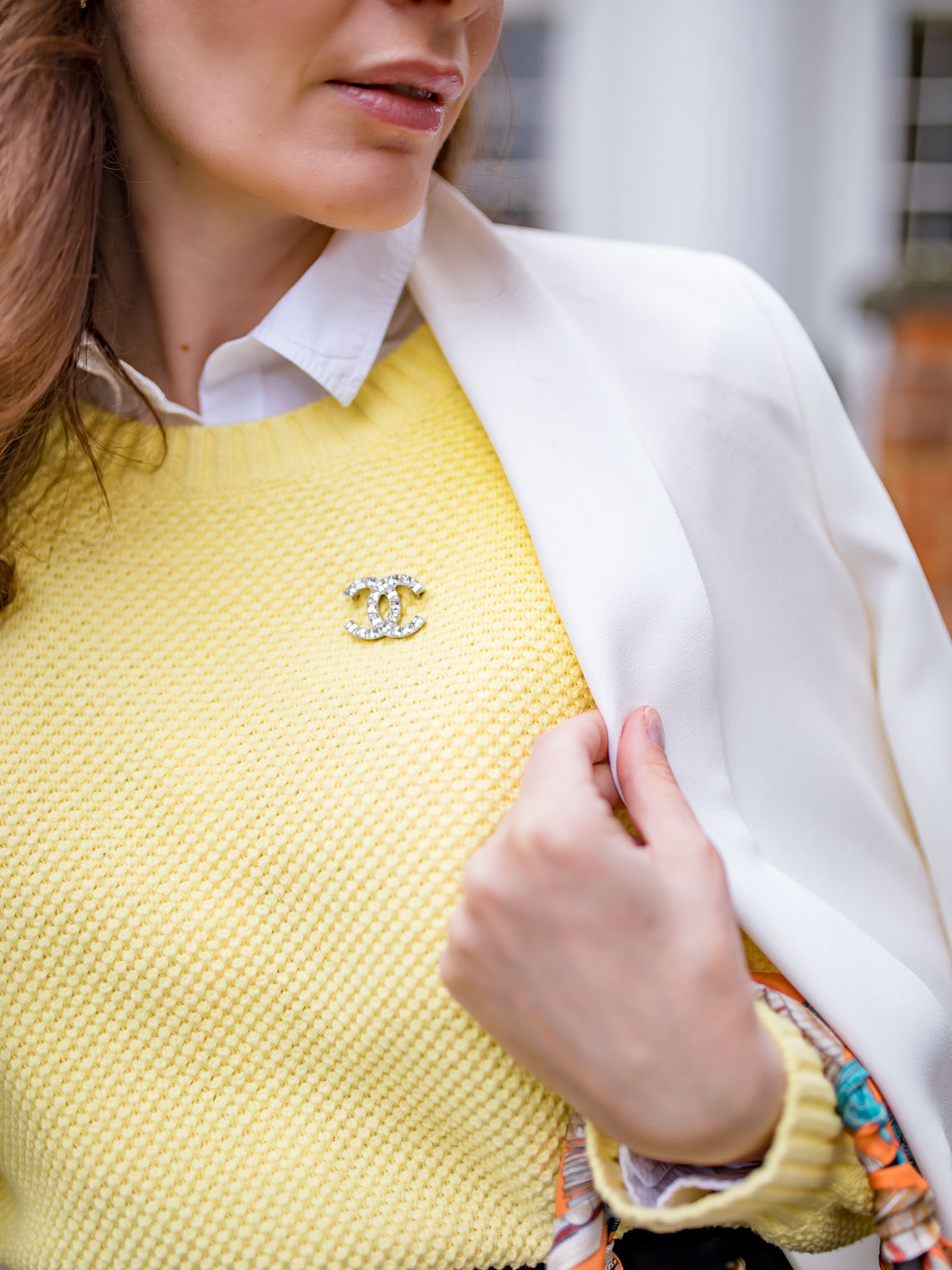 Yellow sweater The Fifth Label Chanel brooch 