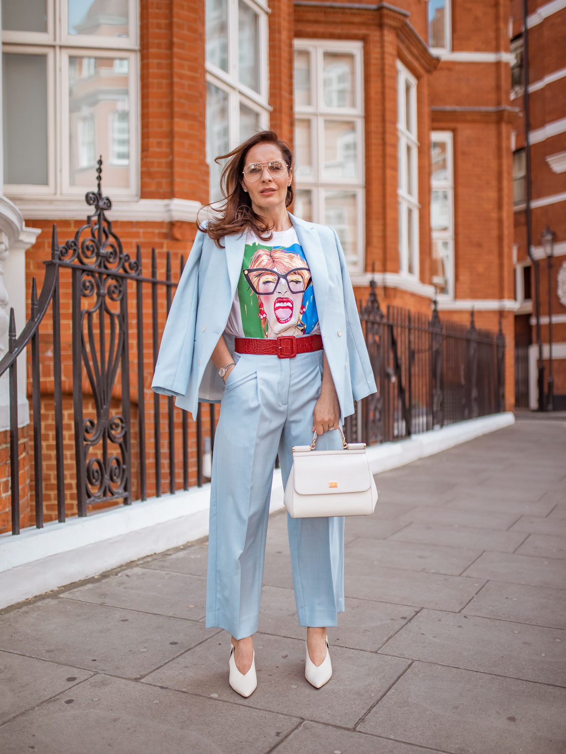Why to get colourful suits this season, Sandro blue suit, white slingbacks, White Dolce Gabbana Sicily bag